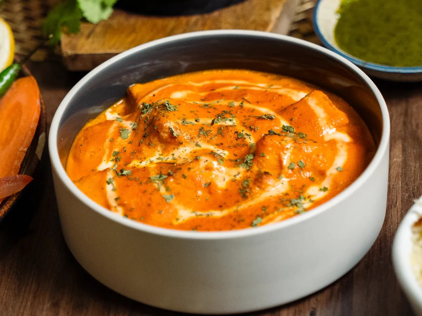 Butter chicken in a creamy tomato sauce with a swirl of cream and coriander
